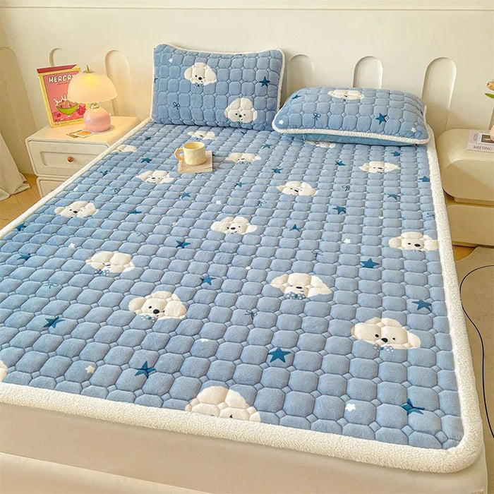 SaneShoppe - A - Class Milk Velvet Printed Mattress Topper Cartoon Thickened Warm Quilted Non - Slip Mat Student Dorm Cushion for All Seasons