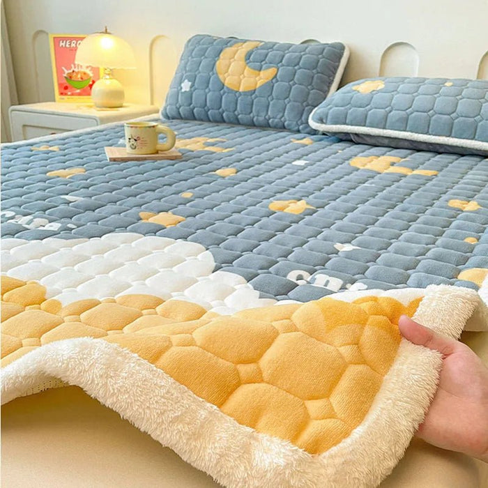 SaneShoppe - A - Class Milk Velvet Printed Mattress Topper Cartoon Thickened Warm Quilted Non - Slip Mat Student Dorm Cushion for All Seasons