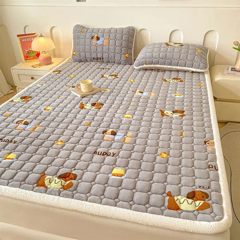 SaneShoppe - A - Class Milk Velvet Printed Mattress Topper Cartoon Thickened Warm Quilted Non - Slip Mat Student Dorm Cushion for All Seasons
