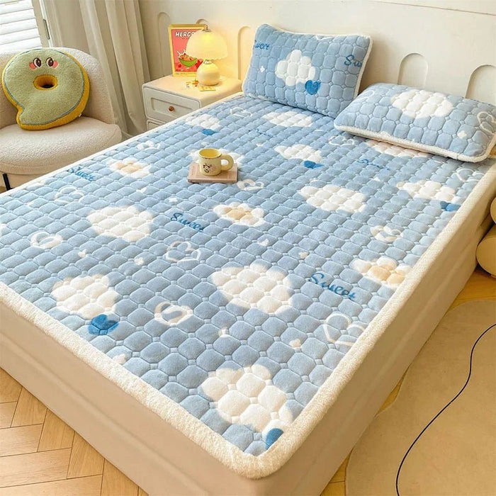 SaneShoppe - A - Class Milk Velvet Printed Mattress Topper Cartoon Thickened Warm Quilted Non - Slip Mat Student Dorm Cushion for All Seasons