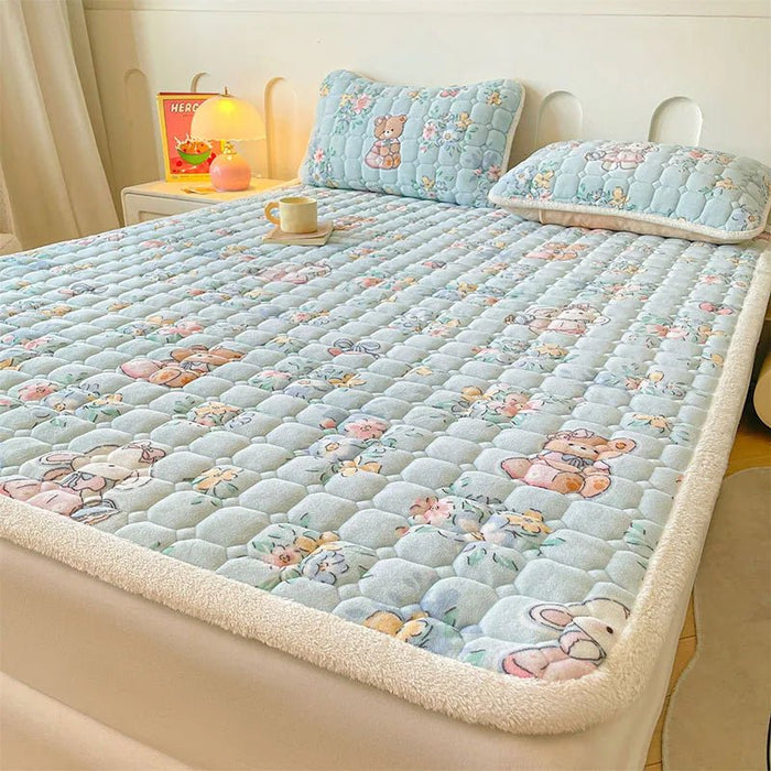 SaneShoppe - A - Class Milk Velvet Printed Mattress Topper Cartoon Thickened Warm Quilted Non - Slip Mat Student Dorm Cushion for All Seasons