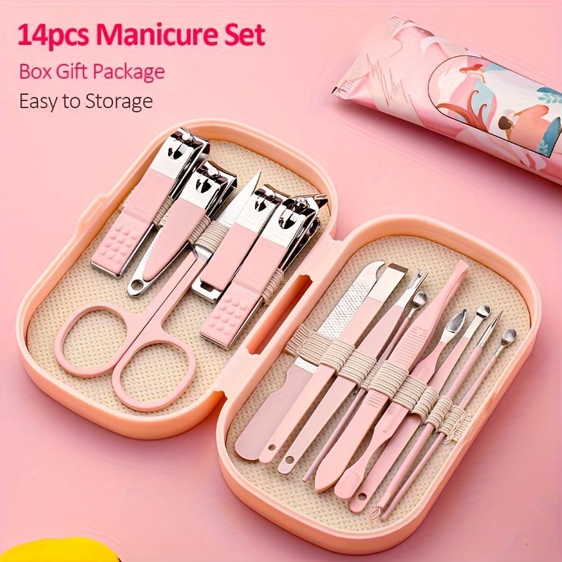 SaneShoppe - A Set Of 14pcs Stainless Steel Manicure And Pedicure Tools, Featuring Modern Style Concave Edge Nail Clippers And Grooming Tools, Including A Portable Storage Box - A Unisex Odorless Nail Care Kit