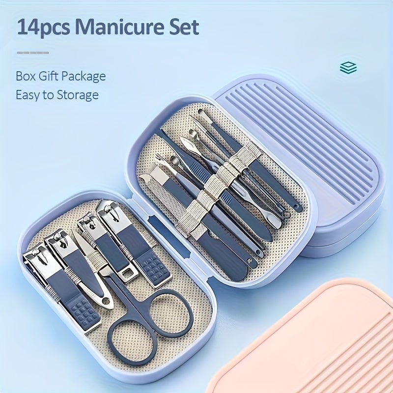 SaneShoppe - A Set Of 14pcs Stainless Steel Manicure And Pedicure Tools, Featuring Modern Style Concave Edge Nail Clippers And Grooming Tools, Including A Portable Storage Box - A Unisex Odorless Nail Care Kit