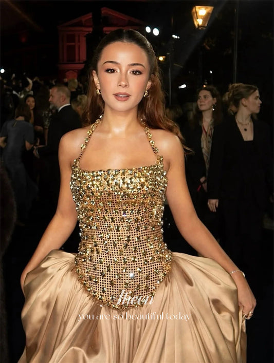 SaneShoppe - Aileen Satin Evening Dress Gold Floor - Length Strapless Customized Prom Dress