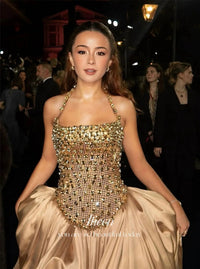 SaneShoppe - Aileen Satin Evening Dress Gold Floor - Length Strapless Customized Prom Dress