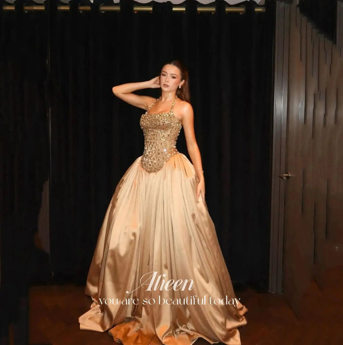 SaneShoppe - Aileen Satin Evening Dress Gold Floor - Length Strapless Customized Prom Dress