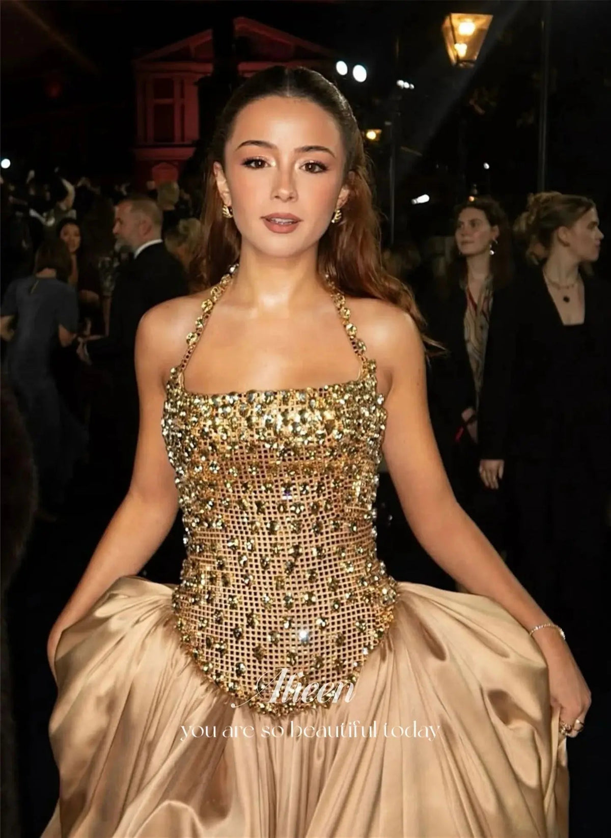 SaneShoppe - Aileen Satin Evening Dress Gold Floor - Length Strapless Customized Prom Dress
