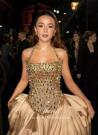 SaneShoppe - Aileen Satin Evening Dress Gold Floor - Length Strapless Customized Prom Dress