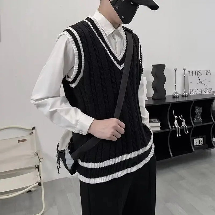SaneShoppe - American Style Retro V - Neck College Knitted Vest Men's Autumn Winter Twist Color Couple Sleeveless Tank Top Knitwear