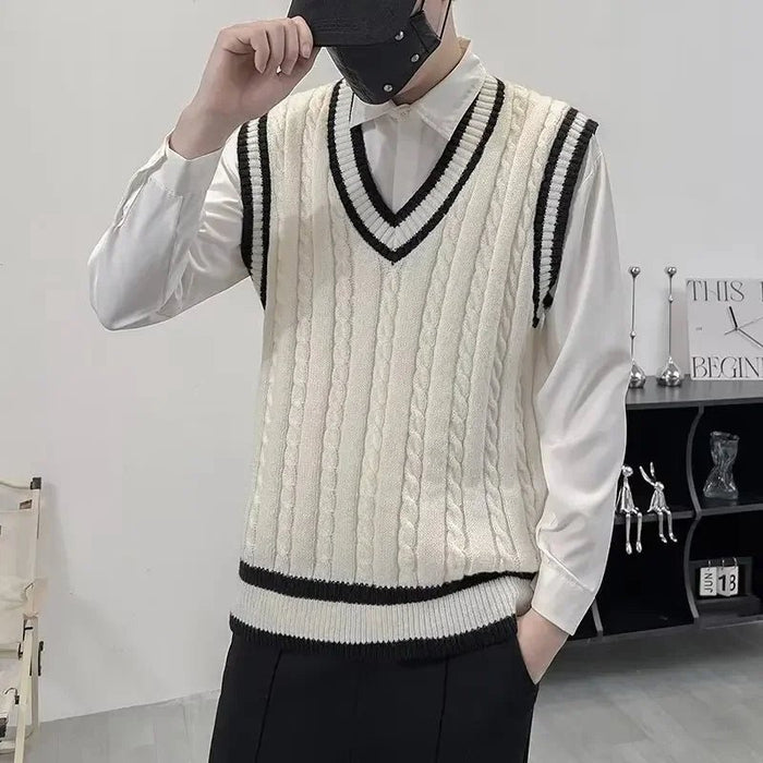 SaneShoppe - American Style Retro V - Neck College Knitted Vest Men's Autumn Winter Twist Color Couple Sleeveless Tank Top Knitwear