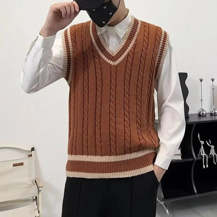 SaneShoppe - American Style Retro V - Neck College Knitted Vest Men's Autumn Winter Twist Color Couple Sleeveless Tank Top Knitwear