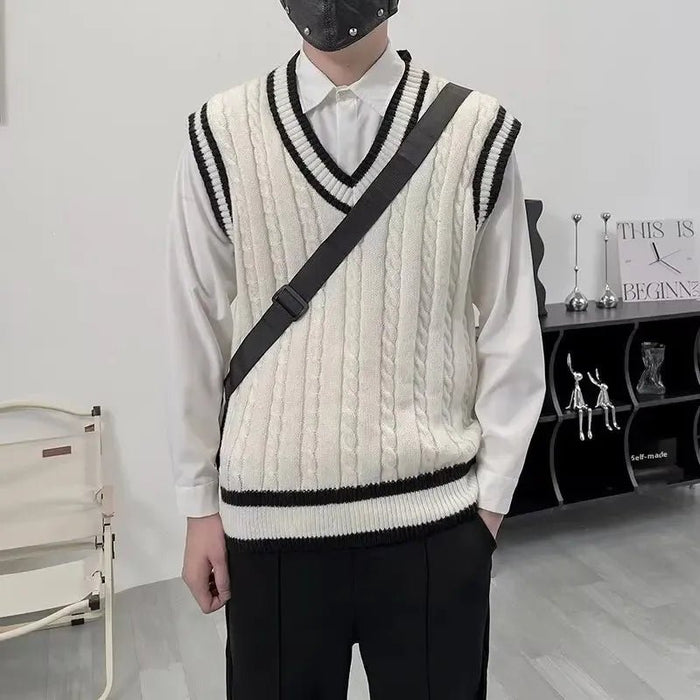 SaneShoppe - American Style Retro V - Neck College Knitted Vest Men's Autumn Winter Twist Color Couple Sleeveless Tank Top Knitwear