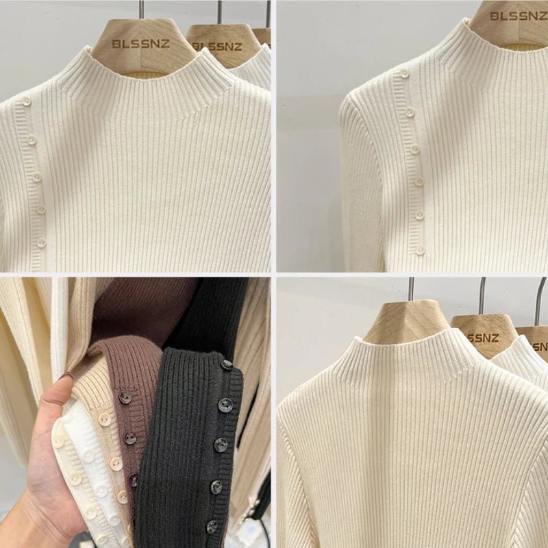 SaneShoppe-2025 Autumn Winter Women's Turtleneck Pullover - Solid Color Slim Fit Button Sweater