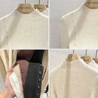 SaneShoppe - AOSSVIAO 2025 Autumn Winter New Sweater Women's Turtleneck Solid Color Pullovers Korean Long Sleeve Slim Button Femme Warm Tops