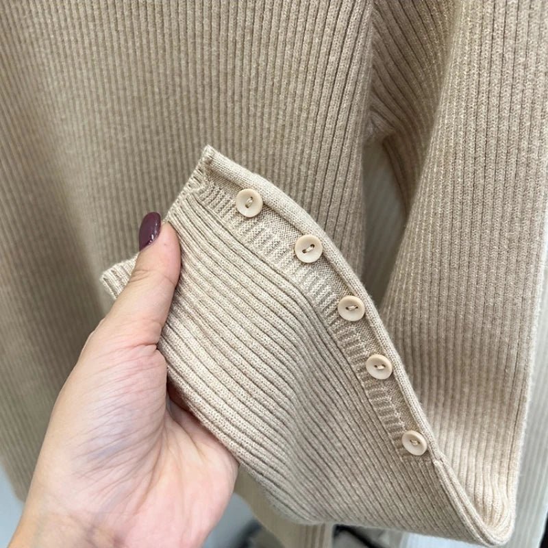 SaneShoppe-2025 Autumn Winter Women's Turtleneck Pullover - Solid Color Slim Fit Button Sweater