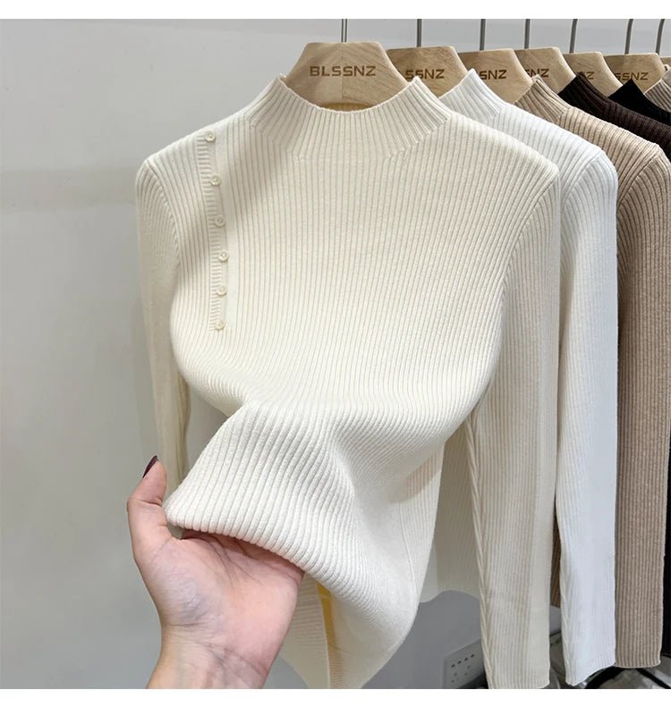 SaneShoppe-2025 Autumn Winter Women's Turtleneck Pullover - Solid Color Slim Fit Button Sweater