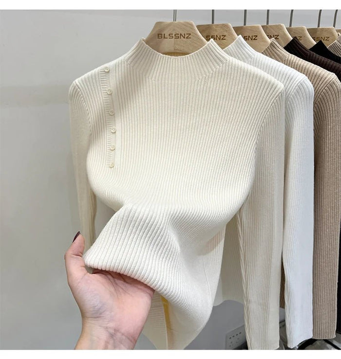 SaneShoppe-2025 Autumn Winter Women's Turtleneck Pullover - Solid Color Slim Fit Button Sweater