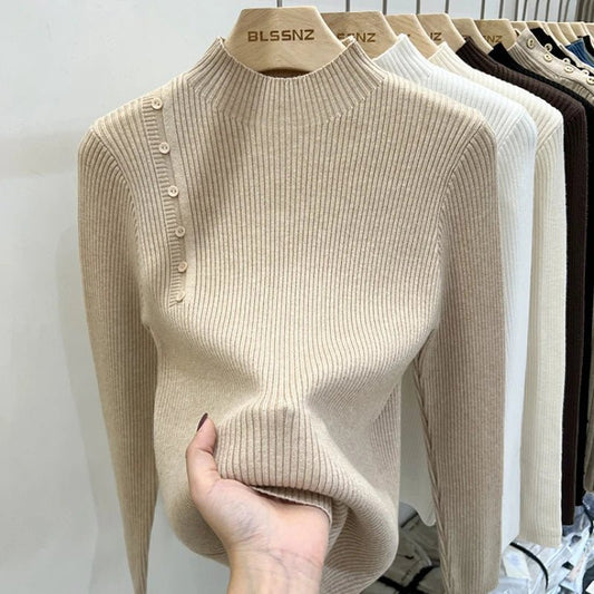 SaneShoppe-2025 Autumn Winter Women's Turtleneck Pullover - Solid Color Slim Fit Button Sweater