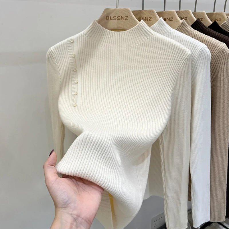 SaneShoppe-2025 Autumn Winter Women's Turtleneck Pullover - Solid Color Slim Fit Button Sweater