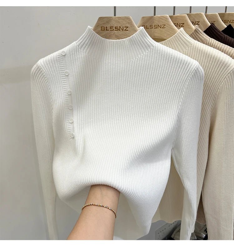 SaneShoppe-2025 Autumn Winter Women's Turtleneck Pullover - Solid Color Slim Fit Button Sweater