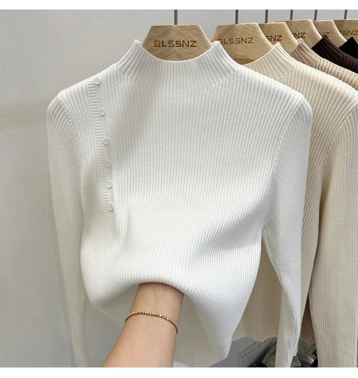 SaneShoppe - AOSSVIAO 2025 Autumn Winter New Sweater Women's Turtleneck Solid Color Pullovers Korean Long Sleeve Slim Button Femme Warm Tops
