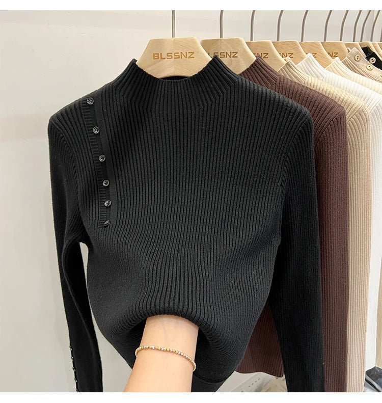 SaneShoppe - AOSSVIAO 2025 Autumn Winter New Sweater Women's Turtleneck Solid Color Pullovers Korean Long Sleeve Slim Button Femme Warm Tops
