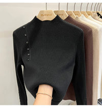 SaneShoppe - AOSSVIAO 2025 Autumn Winter New Sweater Women's Turtleneck Solid Color Pullovers Korean Long Sleeve Slim Button Femme Warm Tops