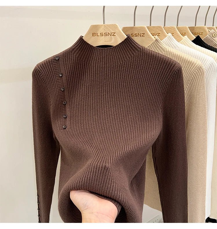 SaneShoppe-2025 Autumn Winter Women's Turtleneck Pullover - Solid Color Slim Fit Button Sweater