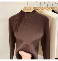 SaneShoppe - AOSSVIAO 2025 Autumn Winter New Sweater Women's Turtleneck Solid Color Pullovers Korean Long Sleeve Slim Button Femme Warm Tops