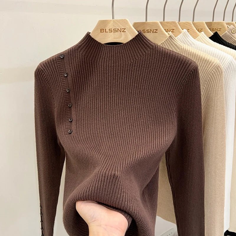 SaneShoppe-2025 Autumn Winter Women's Turtleneck Pullover - Solid Color Slim Fit Button Sweater