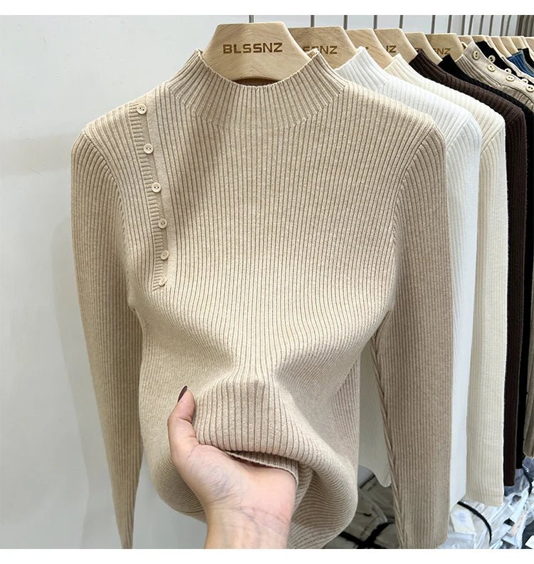 SaneShoppe-2025 Autumn Winter Women's Turtleneck Pullover - Solid Color Slim Fit Button Sweater