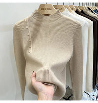 SaneShoppe - AOSSVIAO 2025 Autumn Winter New Sweater Women's Turtleneck Solid Color Pullovers Korean Long Sleeve Slim Button Femme Warm Tops