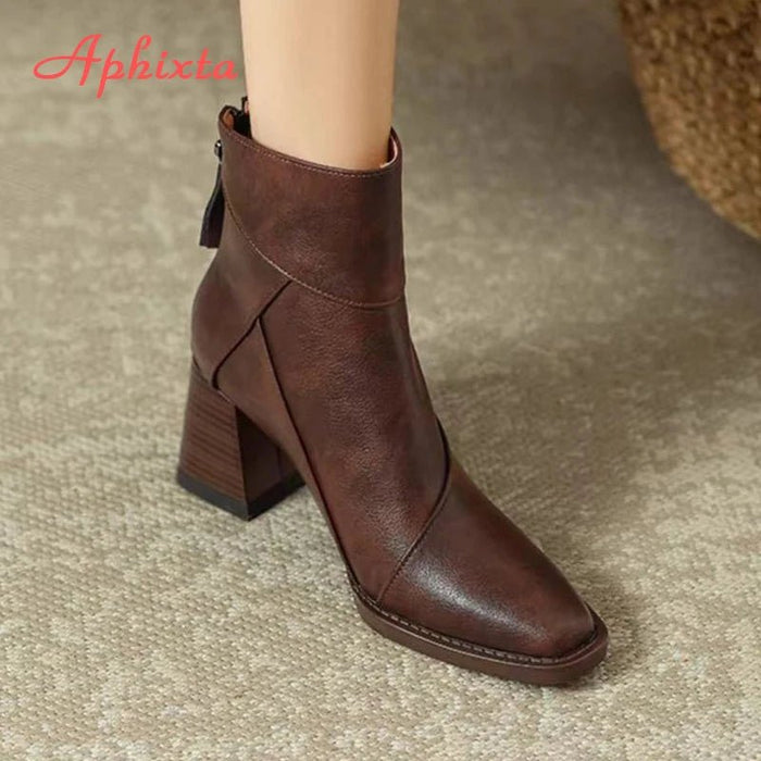 SaneShoppe - Aphixta Luxury Leather Women Ankle Boots Back Zipper Close Modern Boots High Heels Shoes Woman Boats botines para mujeres