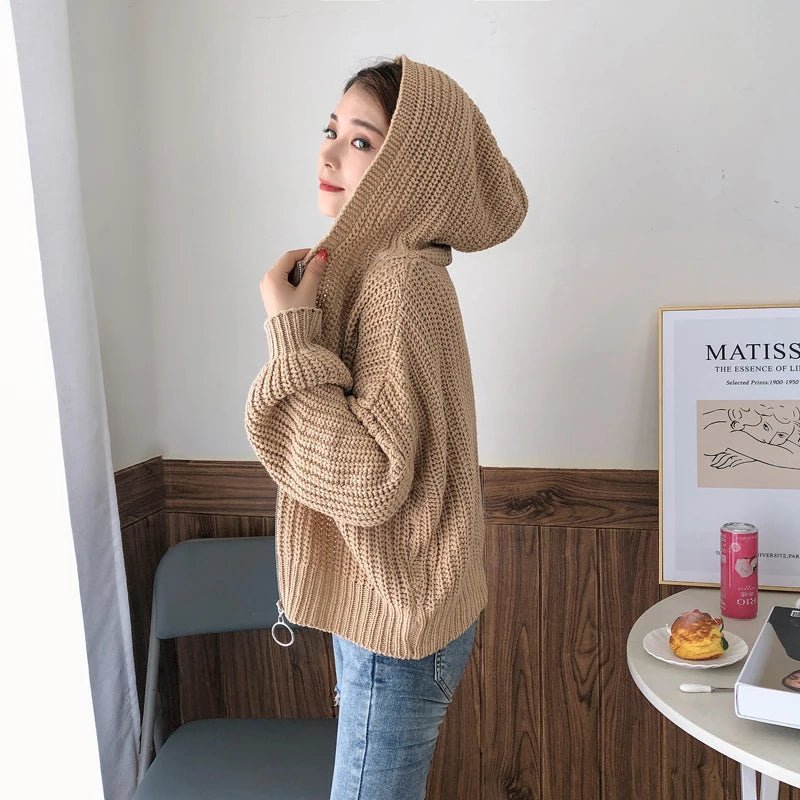 SaneShoppe - Autumn and Winter Hooded Loose Cardigan Sweater New Women's Solid Color Zipper Tops Long Sleeve Fashion Casual Knitwear Clothing