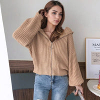 SaneShoppe - Autumn and Winter Hooded Loose Cardigan Sweater New Women's Solid Color Zipper Tops Long Sleeve Fashion Casual Knitwear Clothing