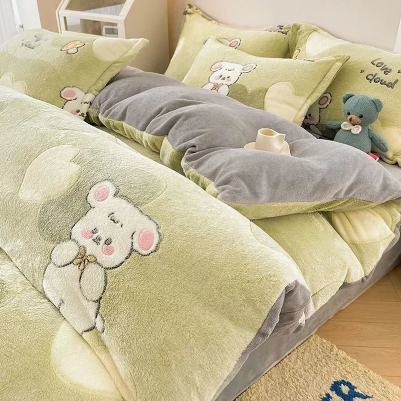 SaneShoppe - Autumn and Winter Snowflake Velvet Single Duvet Cover Thick Flannel Cartoon Printed Quilt Cover Soft Cozy Warm Plush Bedding