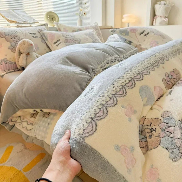 SaneShoppe - Autumn and Winter Snowflake Velvet Single Duvet Cover Thick Flannel Cartoon Printed Quilt Cover Soft Cozy Warm Plush Bedding