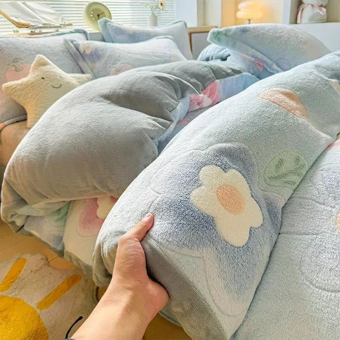 SaneShoppe - Autumn and Winter Snowflake Velvet Single Duvet Cover Thick Flannel Cartoon Printed Quilt Cover Soft Cozy Warm Plush Bedding