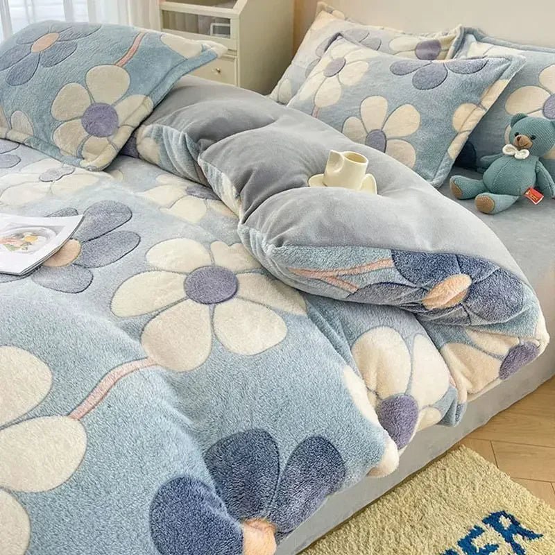 SaneShoppe - Autumn and Winter Snowflake Velvet Single Duvet Cover Thick Flannel Cartoon Printed Quilt Cover Soft Cozy Warm Plush Bedding