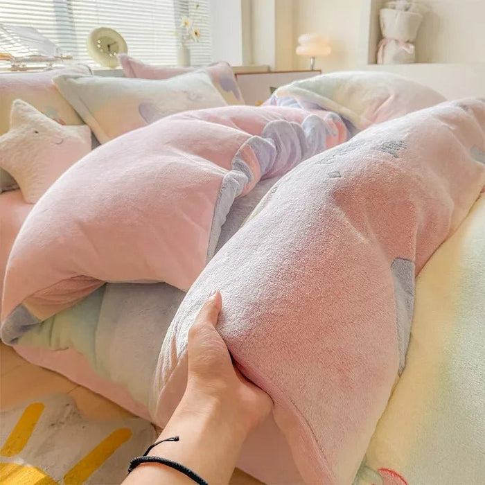 SaneShoppe - Autumn and Winter Snowflake Velvet Single Duvet Cover Thick Flannel Cartoon Printed Quilt Cover Soft Cozy Warm Plush Bedding