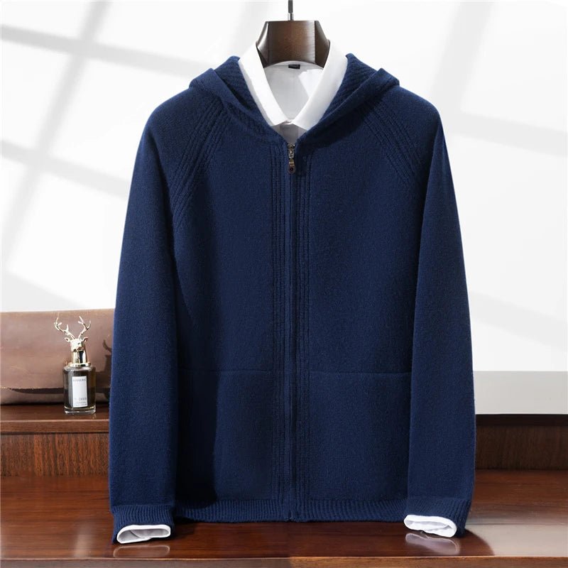 SaneShoppe - Autumn Winter New 100% Pure Wool Cardigan Men Hooded Thickened Pocket Sweater Loose Knitted Hoodie Cashmere Coat