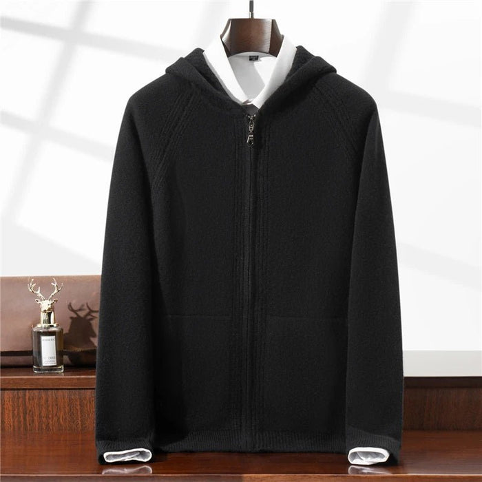 SaneShoppe - Autumn Winter New 100% Pure Wool Cardigan Men Hooded Thickened Pocket Sweater Loose Knitted Hoodie Cashmere Coat