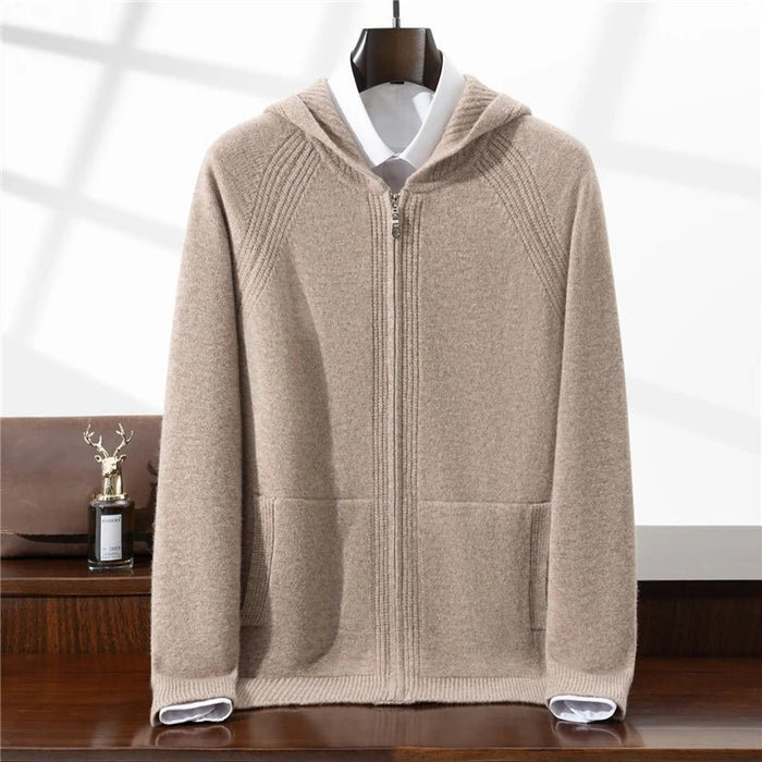SaneShoppe - Autumn Winter New 100% Pure Wool Cardigan Men Hooded Thickened Pocket Sweater Loose Knitted Hoodie Cashmere Coat