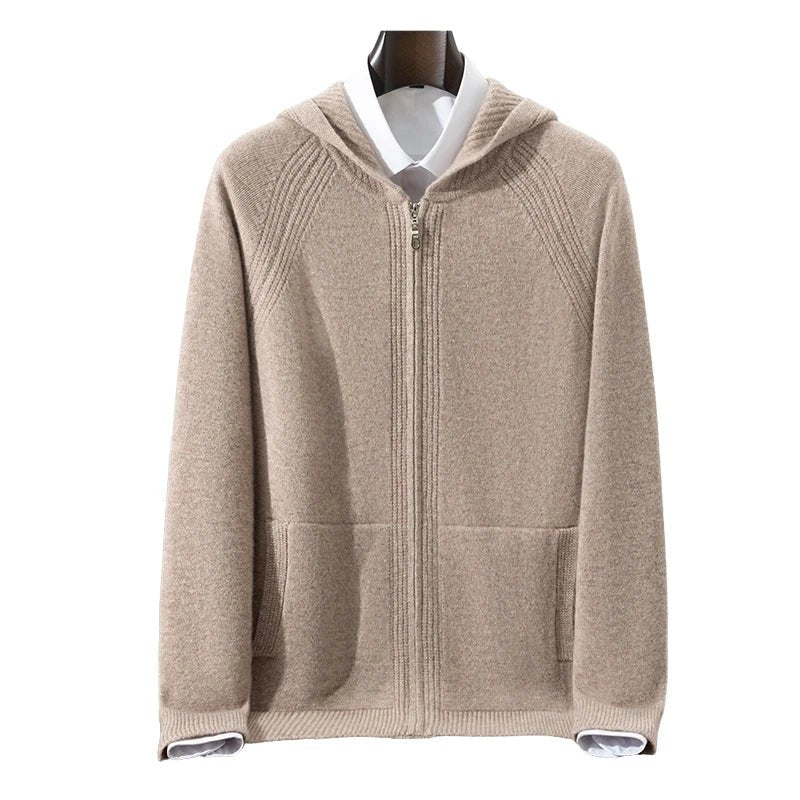 SaneShoppe - Autumn Winter New 100% Pure Wool Cardigan Men Hooded Thickened Pocket Sweater Loose Knitted Hoodie Cashmere Coat