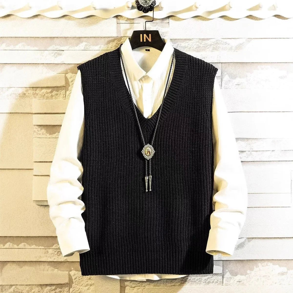 SaneShoppe - Autumn Winter Sleeveless Knitted V - Neck Vest Men's Loose Style Fashionable Versatile Hong Kong Style College Style INS Sweater V