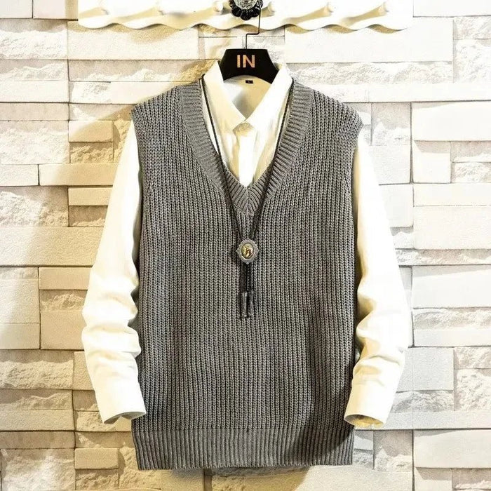 SaneShoppe - Autumn Winter Sleeveless Knitted V - Neck Vest Men's Loose Style Fashionable Versatile Hong Kong Style College Style INS Sweater V