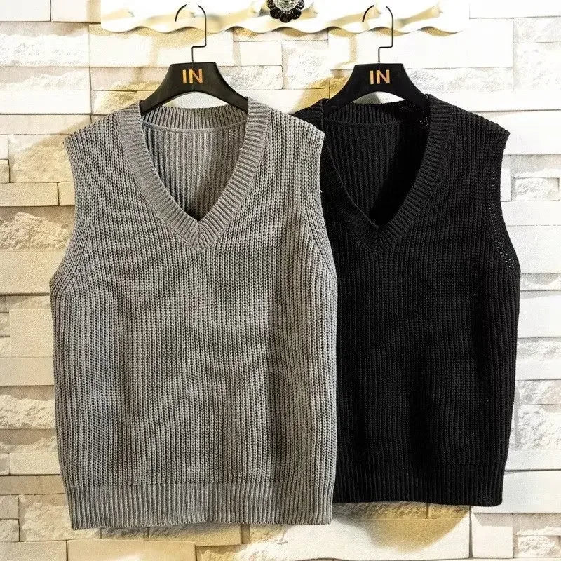 SaneShoppe - Autumn Winter Sleeveless Knitted V - Neck Vest Men's Loose Style Fashionable Versatile Hong Kong Style College Style INS Sweater V