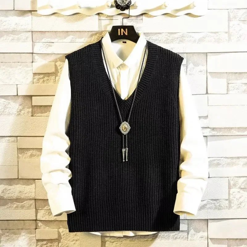 SaneShoppe - Autumn Winter Sleeveless Knitted V - Neck Vest Men's Loose Style Fashionable Versatile Hong Kong Style College Style INS Sweater V