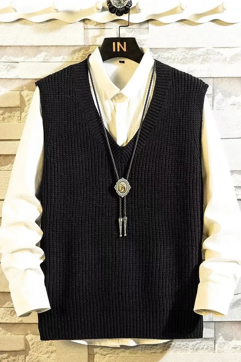 SaneShoppe - Autumn Winter Sleeveless Knitted V - Neck Vest Men's Loose Style Fashionable Versatile Hong Kong Style College Style INS Sweater V
