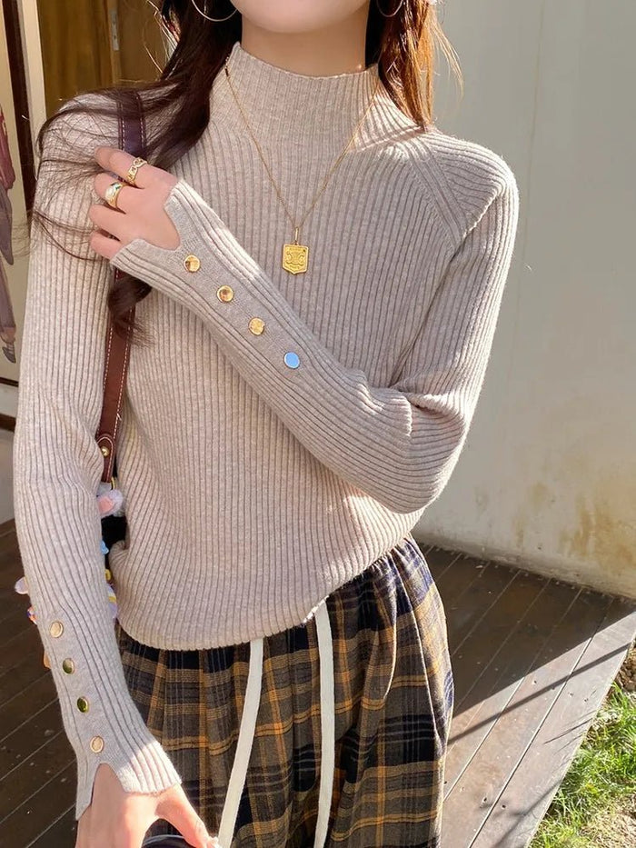 SaneShoppe - Autumn Winter Sweater Women Pullovers Long Sleeve Tops Clothes Slim Knit Soft Jumper Streetwear Button Turtleneck Sweater
